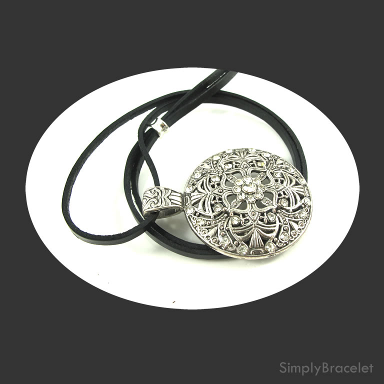 Leather cord, black, 28 inch, metal pendant w crystals necklace.