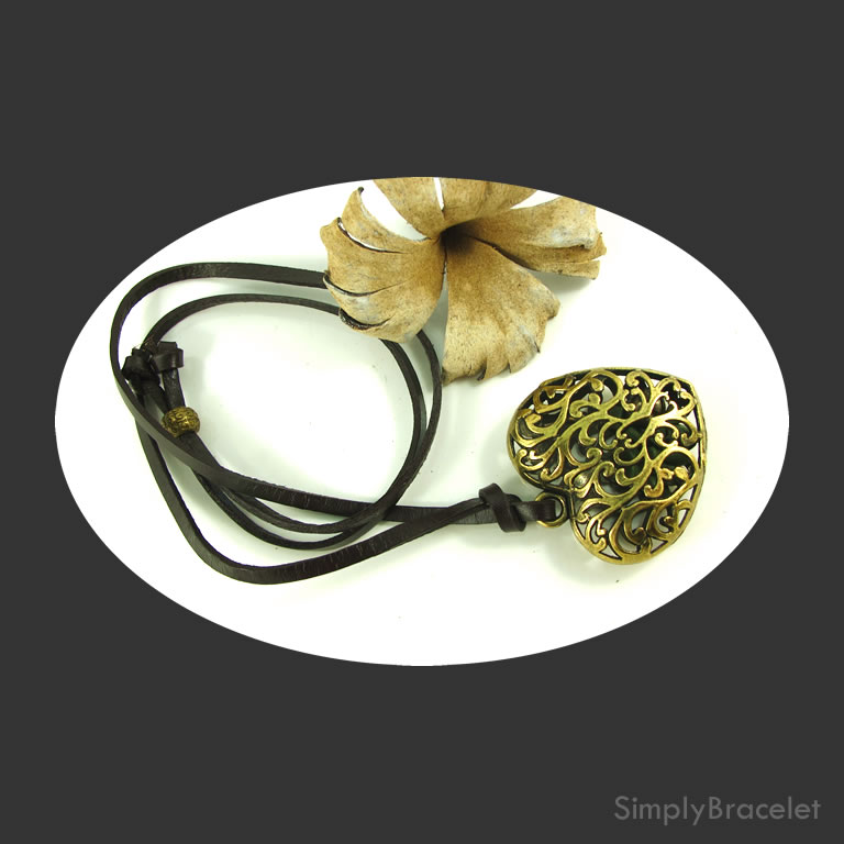 Leather cord, brown, 28 inch, brass-colored heart pendant. ea - Click Image to Close