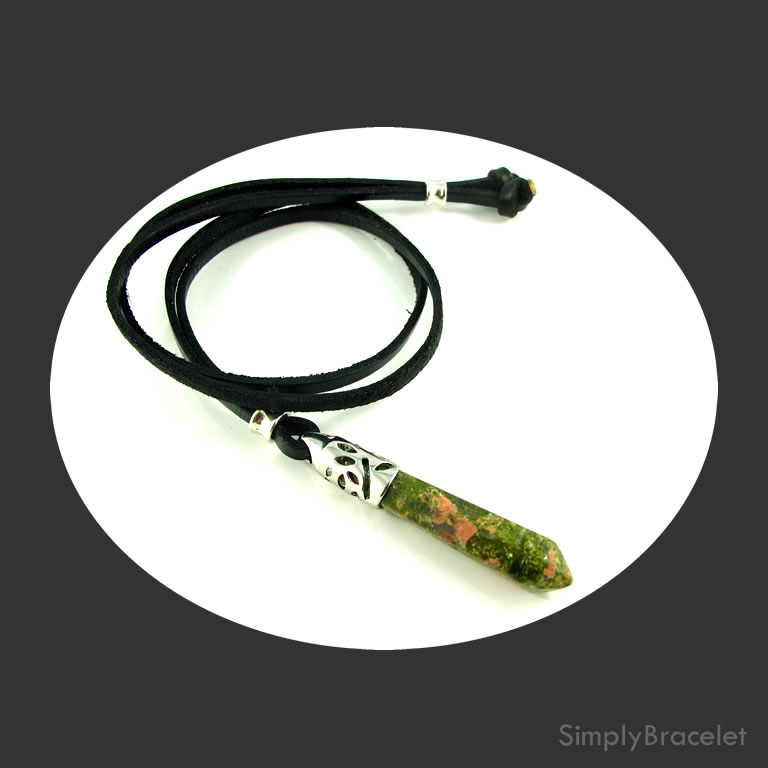 Leather cord, black, 28 inch, unakite pendant necklace. Each.